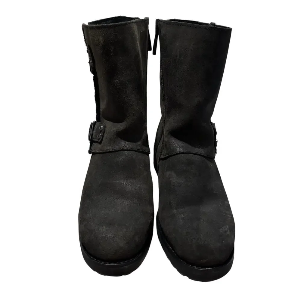 UGG Niels II Black Leather Suede Buckle Biker Boots 1095130 Womens Size 7